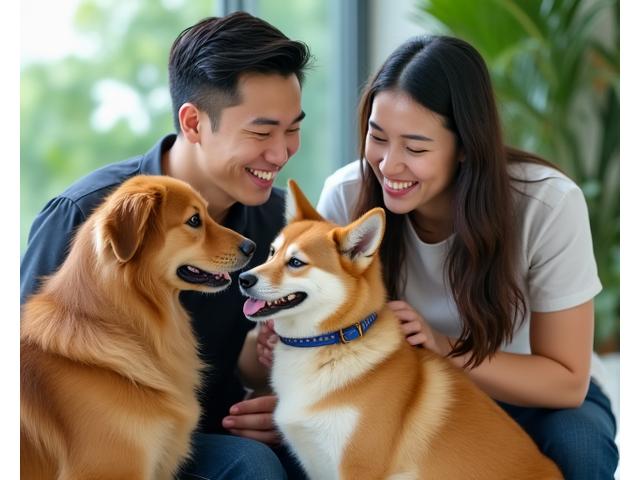 Team of Pawsome Progress founders with a friendly Golden Retriever and a playful Shiba Inu