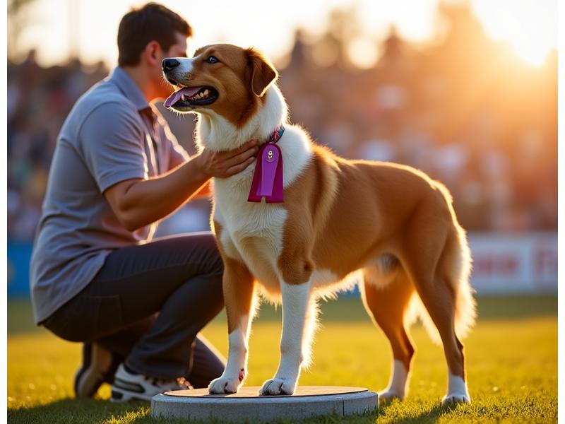 Dog receiving a ribbon or medal at a K9 sports competition, proudly standing with its handler.