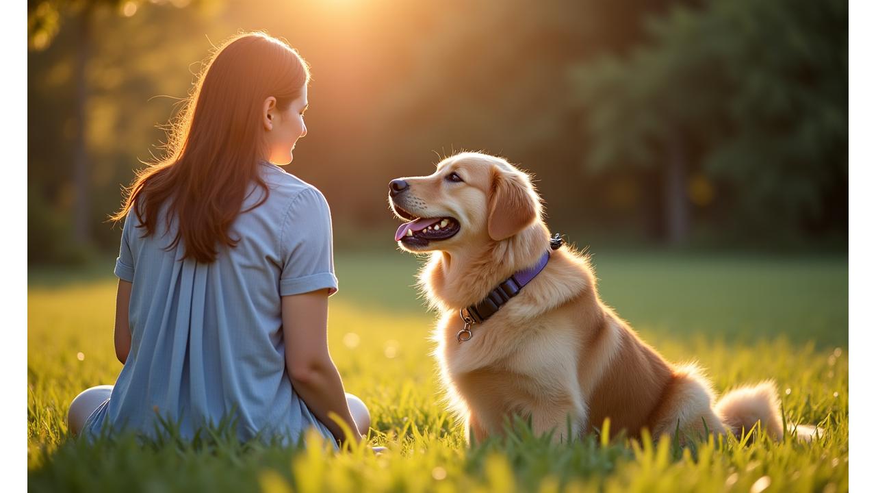Golden Retriever calmly sitting next to its owner in a Singapore park, looking attentive and happy, demonstrating good dog manners.