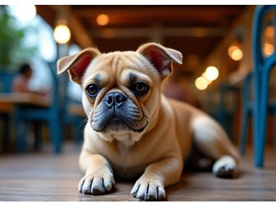 Dog sitting calmly under a table in an outdoor cafe with its owner