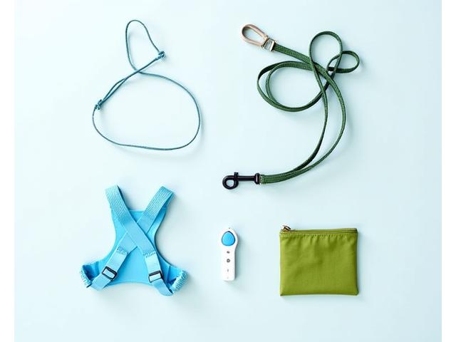 Collection of dog training equipment including a harness, leash, clicker, and treat pouch.