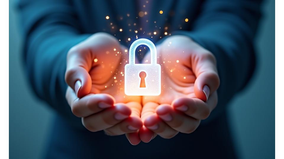 Illustration of intertwined hands and digital security lock, symbolizing data trust and protection