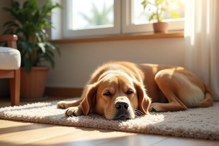 A relaxed dog comfortably sitting on a rug in a home environment, showing reduced stress during in-home training.