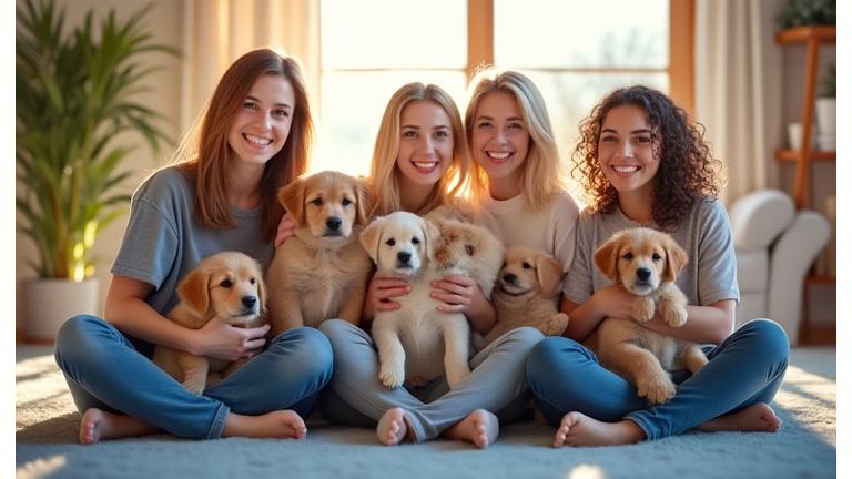 Group of happy puppies and their owners receiving graduation certificates.