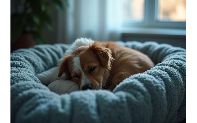 A dog calmly resting on a comfortable bed with soft lighting, indicating a stress-free environment.
