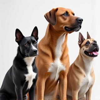 Diverse collection of dog breeds, from a small terrier to a large retriever, all looking engaged