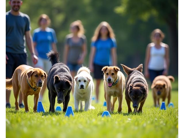 Group of dogs and owners engaged in a scent work class outdoors