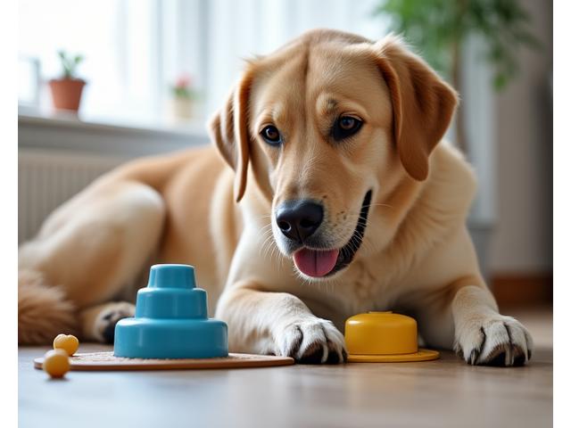 A happy senior dog, perhaps a Labrador, engaged with an interactive feeder toy, showing active mental stimulation.