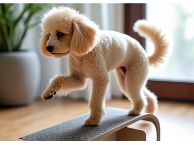 Bella, an elderly poodle, elegantly navigating a small ramp with ease and confidence, highlighting improved mobility and comfort.