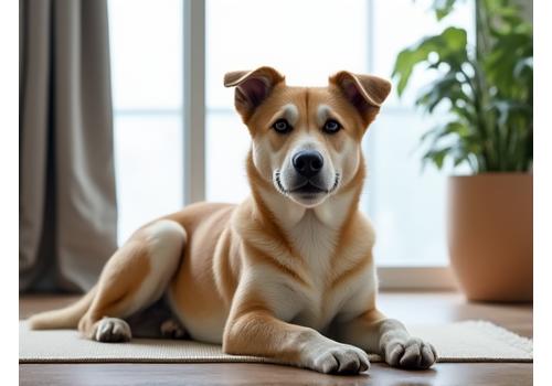 A happy dog sitting politely on the floor inside a modern Singapore condo, looking relaxed.