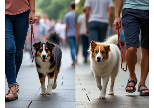 A split image showing a chaotic dog on a leash, then the same dog walking calmly beside its owner, representing an urban training transformation.